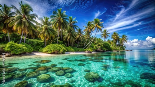 Tropical Paradise: Crystal-clear waters, lush palm trees, vibrant coral reefs, tranquil and inviting.