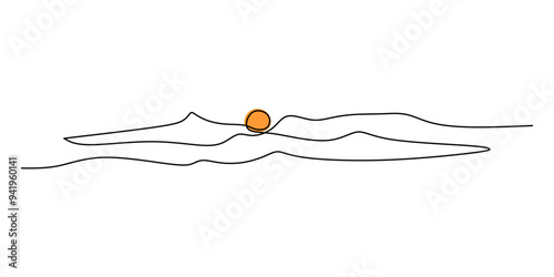 Single one continuous line drawing of a mountain landscape with sunset. mounts and peaks line art.