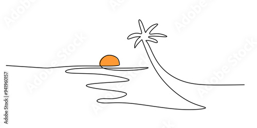 Beach panorama in continuous one line art drawing. Sunset with coconut tree and sea in single line.