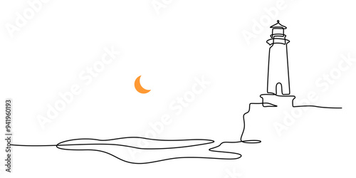 Continuous one line drawing of lighthouse tower with moon. castle hill tower, sea scape line art.