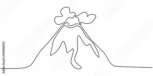 Single one continuous line drawing of a mountain landscape with volcano. mounts and peaks line art.