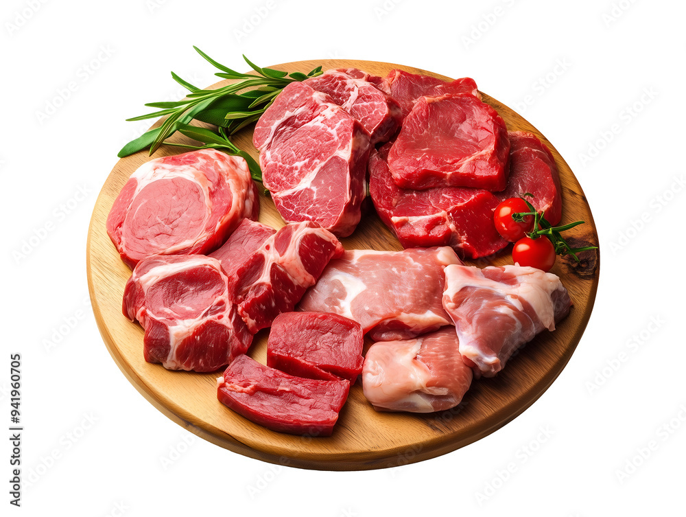 Meat platter with beef and pork assortment isolated on transparent or white background Meat platter with beef and pork assortment isolated on transparent or white background