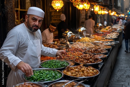 A bustling market vendor showcases vibrant dishes at sunset in historic Cairo