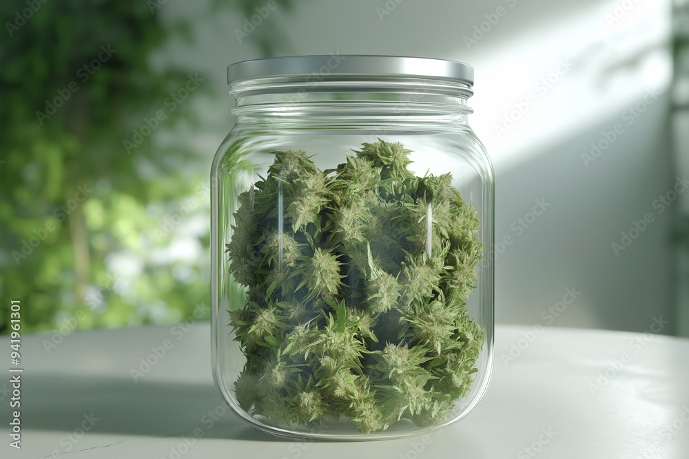 A clear glass jar containing dense, green cannabis buds sits on a white surface with blurred greenery in the background, bathed in soft, natural light. Cannabis mockup. A clear glass jar containing dense, green cannabis buds sits on a white surface with blurred greenery in the background, bathed in soft, natural light. Cannabis mockup.