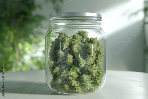 A clear glass jar containing dense, green cannabis buds sits on a white surface with blurred greenery in the background, bathed in soft, natural light. Cannabis mockup.