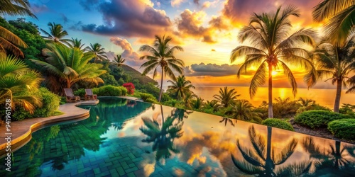 Tropical Paradise: Vibrant, tropical, warm colors, infinity pool surrounded by lush vegetation and palm trees