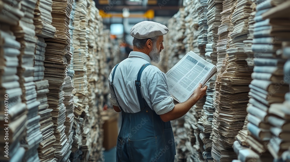 A focused printing worker carefully inspects freshly printed newspaper sheets in an industrial print shop. The worker demonstrates attention to detail as he checks the quality of the print. A focused printing worker carefully inspects freshly printed newspaper sheets in an industrial print shop. The worker demonstrates attention to detail as he checks the quality of the print.