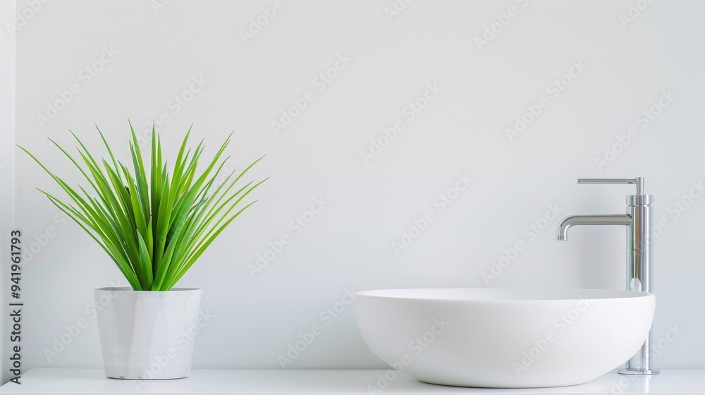 A white bowl sits on a counter next to a potted plant A white bowl sits on a counter next to a potted plant