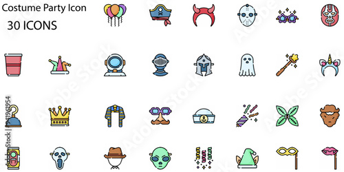 Set of Costume Party icons. Line art style icons bundle. vector illustration