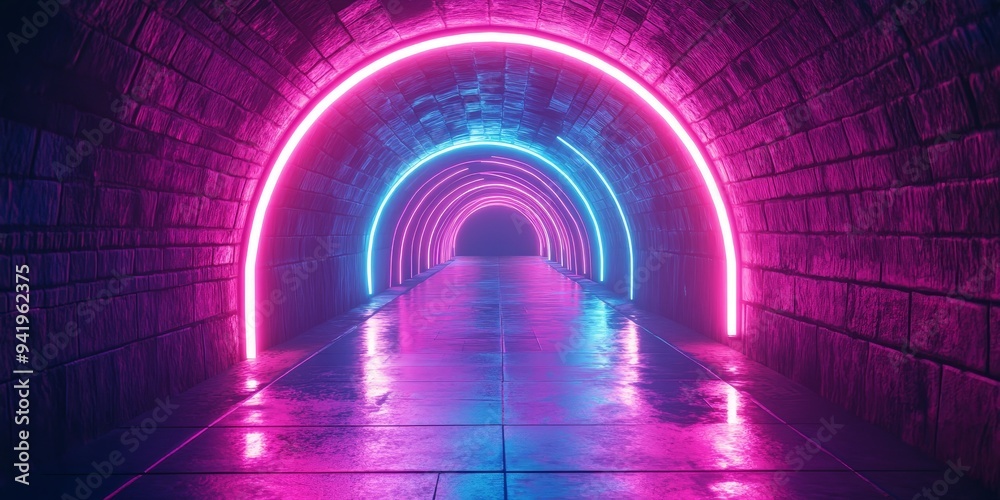 Futuristic Neon Corridor with Glowing Arches and Reflective Tiles Futuristic Neon Corridor with Glowing Arches and Reflective Tiles