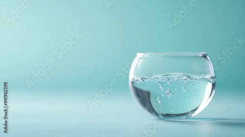 An aesthetically pleasing image showing a glass bowl filled with crystal clear water accompanied by tiny bubbles, set against a soothing teal background evoking a sense of calmness. photo