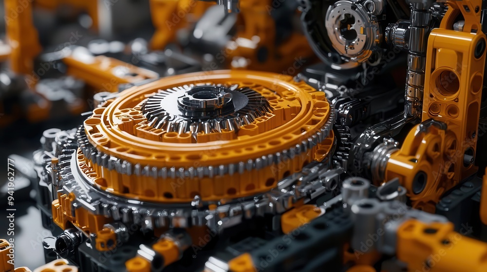 Close-up of an intricate mechanical design featuring orange gears and metal components, showcasing engineering precision and creativity