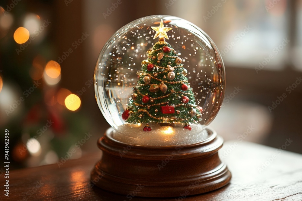 classic snow globe with a miniature, beautifully decorated Christmas tree inside classic snow globe with a miniature, beautifully decorated Christmas tree inside