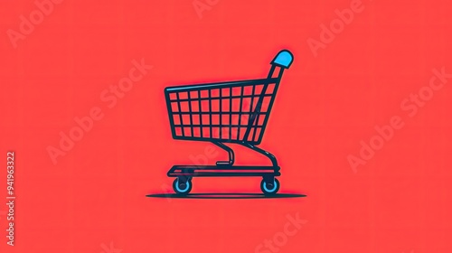 Cartoon illustration of a shopping cart on a vibrant red background. Perfect for retail and e-commerce concepts.