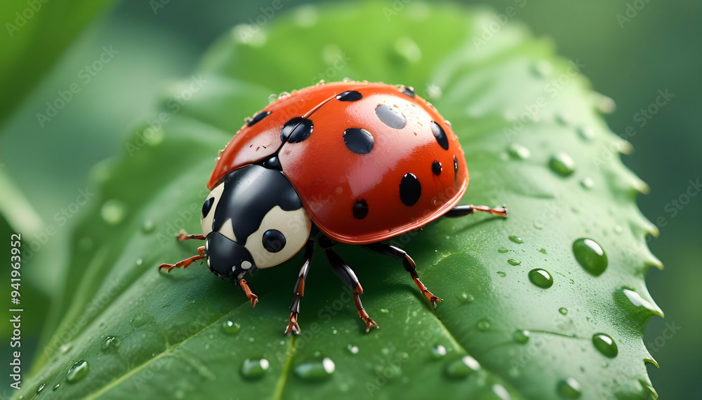 Close-up of a small ladybug, showcasing its vibrant red shell and distinctive black spots. The detailed image captures the insect's delicate features, highlighting its charm and beauty in nature Close-up of a small ladybug, showcasing its vibrant red shell and distinctive black spots. The detailed image captures the insect's delicate features, highlighting its charm and beauty in nature