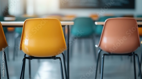 An empty classroom featuring yellow chairs and desks arranged neatly, ready for students to occupy, in a well-lit environment with a chalkboard visible in the background.