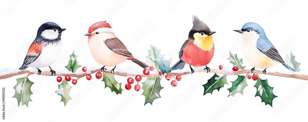 A charming collection of four colorful birds perched on a holly branch, showcasing their vibrant plumage, watercolor style