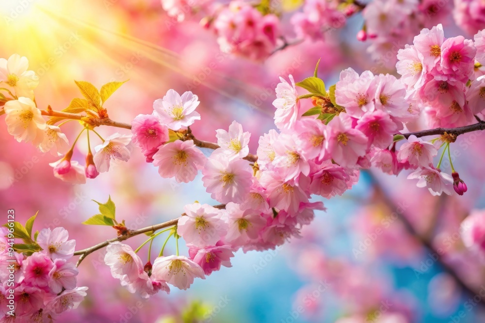 Banner with sakura branches on the background of sun rays Banner with sakura branches on the background of sun rays