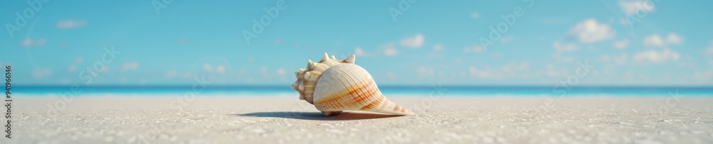 Serene Beach Morning with a Shell Clear Sky, Ample Copy Space, Minimalist Coastal Scene Serene Beach Morning with a Shell Clear Sky, Ample Copy Space, Minimalist Coastal Scene