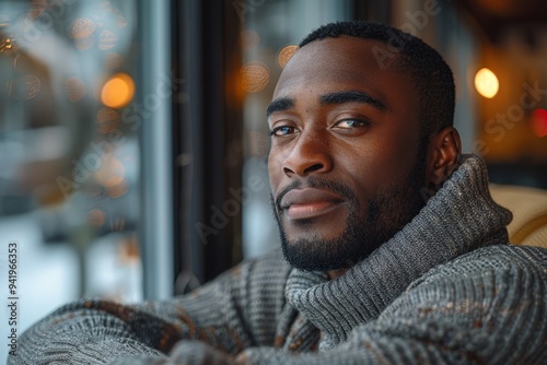 Pensive man in cozy sweater looking out the window with soft bokeh lights in the background, perfect for concepts like contemplation, winter, or relaxation.