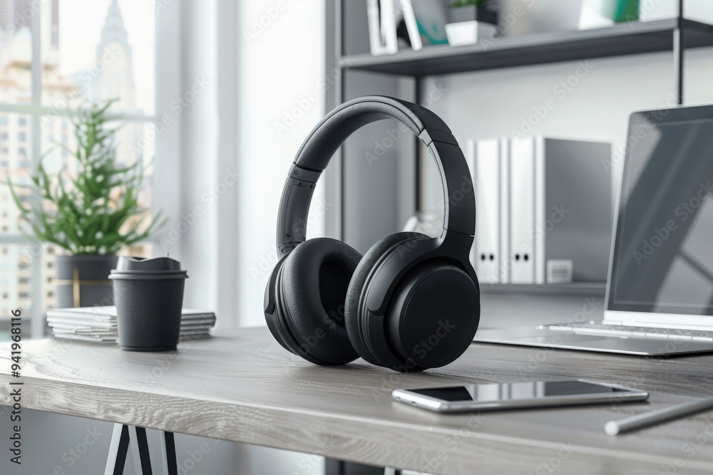 A pair of modern wireless headphones rests on a sleek desk in a home office setting A pair of modern wireless headphones rests on a sleek desk in a home office setting