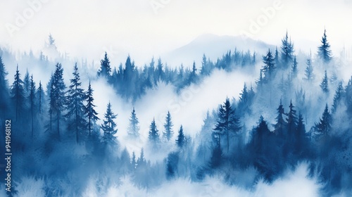 Misty Pine Forest Landscape in Blue Tones with Foggy Mountains and Dense Trees 