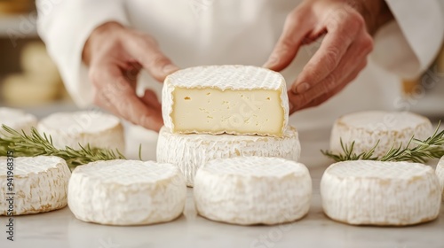 Image showing several soft cheese rounds displayed neatly with a person's hands holding one of them, highlighting the cheese's creamy texture and its artisanal presentation, garnished with herbs. photo