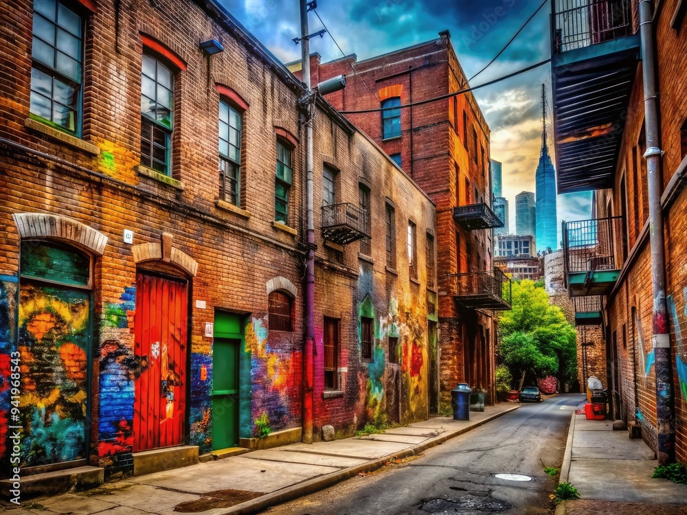 Naklejka premium Urban Authenticity: Exposed brick, graffiti, raw urban environments