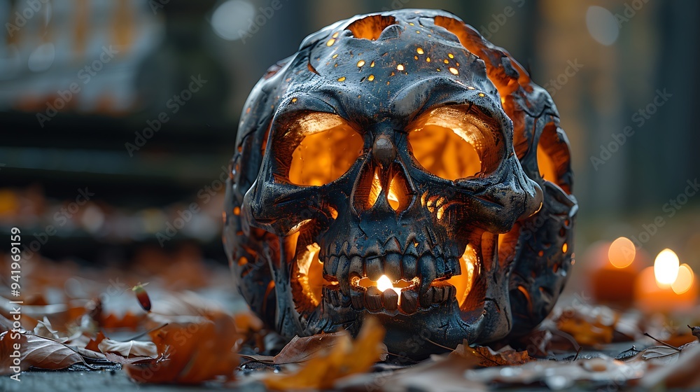 Fototapeta premium A close-up of a carved Skull Lantern illuminated from within, set on a dark porch surrounded by fallen autumn leaves, creating a spooky yet inviting Halloween ambiance 
