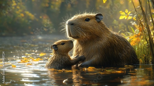 Happy capybara family enjoying playtime, highlighting the bond between parent and child in the animal kingdom