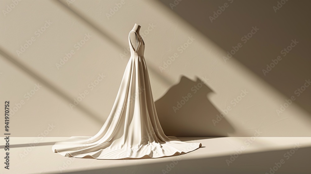 A white dress on a mannequin in a studio setting with soft natural light. A white dress on a mannequin in a studio setting with soft natural light.