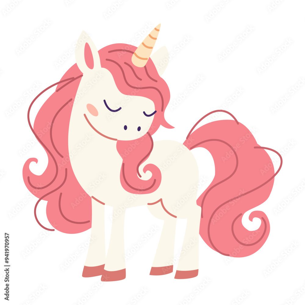 Flat vector illustration in children's style. Cute unicorn pony with pink mane. Vector illustration Flat vector illustration in children's style. Cute unicorn pony with pink mane. Vector illustration