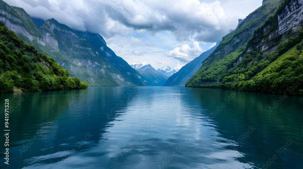 Obraz premium Body Water Surrounded Mountains Under
