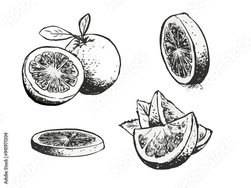 Black and white oranges, a set of cut and whole oranges, fruits for juice. Vector images