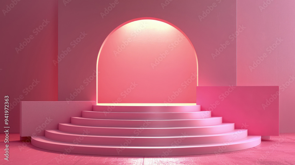 Pink round podium for winner ceremony of champions. Background with light of spotlights, design, victory show product template studio, 3D platform, stage for award. Copy space. Pink round podium for winner ceremony of champions. Background with light of spotlights, design, victory show product template studio, 3D platform, stage for award. Copy space.