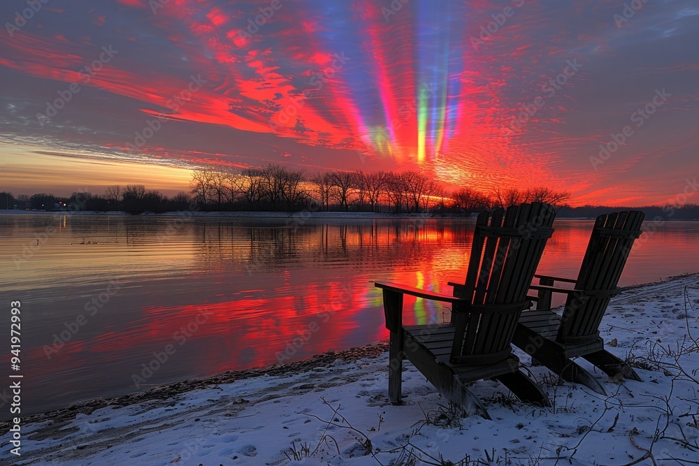 Fototapeta premium Colorful sunset reflecting on water with two chairs by the shoreline in winter