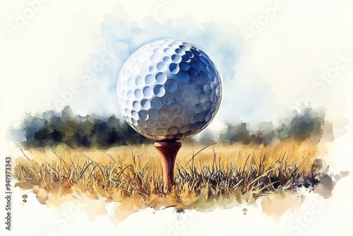 Watercolor Golf Ball on Tee with Elegant Brushstrokes