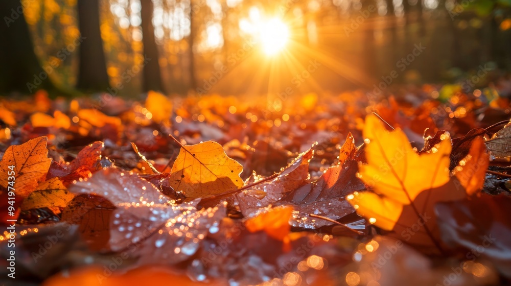 Closeup of Autumn leaves with drops of water on the forest ground, with the setting sun in the background Closeup of Autumn leaves with drops of water on the forest ground, with the setting sun in the background