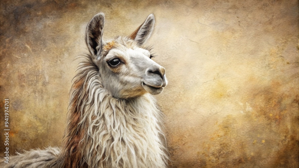 Intricately etched illustration of a regal llama with soft fur and gentle eyes, set against a subtle textured background with subtle hints of Andean culture. Intricately etched illustration of a regal llama with soft fur and gentle eyes, set against a subtle textured background with subtle hints of Andean culture.
