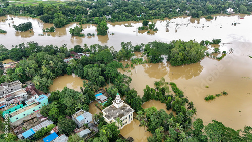 Aerial view of flood affected villages in Eastern Bangladesh. Flood in Eastern Bangladesh. waterlogging in Bangladesh. 