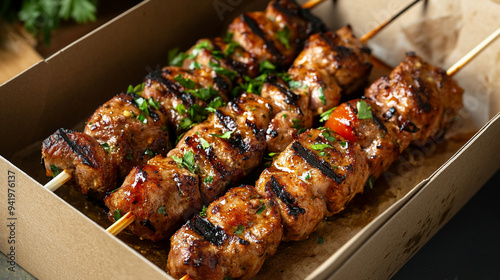 grilled koftas with herbs packaged ready for delivery	
