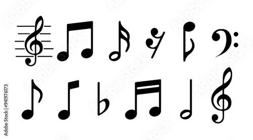 Musical note icon. Black note symbol on white background - vector.