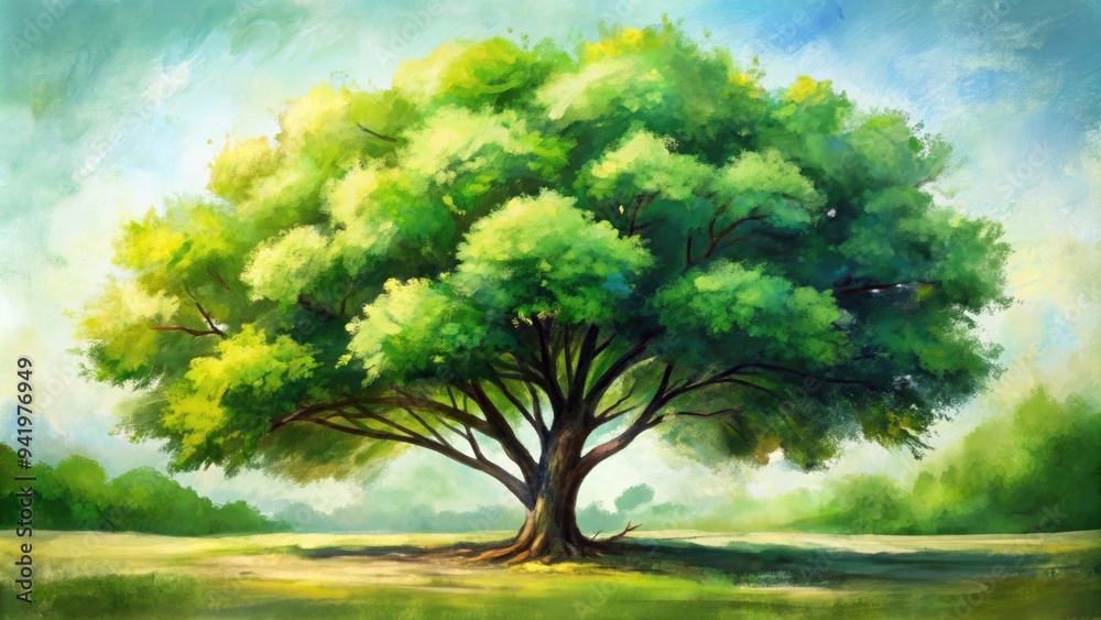 Obraz premium Verdant Rhapsody: Lush green tree sketch with expressive brushstrokes, conveying a sense of movement and growth.