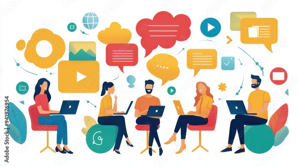 A vibrant illustration of diverse individuals collaborating with laptops, sharing ideas through colorful speech bubbles and digital media A vibrant illustration of diverse individuals collaborating with laptops, sharing ideas through colorful speech bubbles and digital media