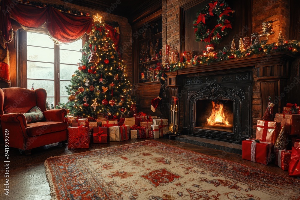 Fototapeta premium Cozy Christmas Living Room with Decorated Tree, Fireplace, and Gifts