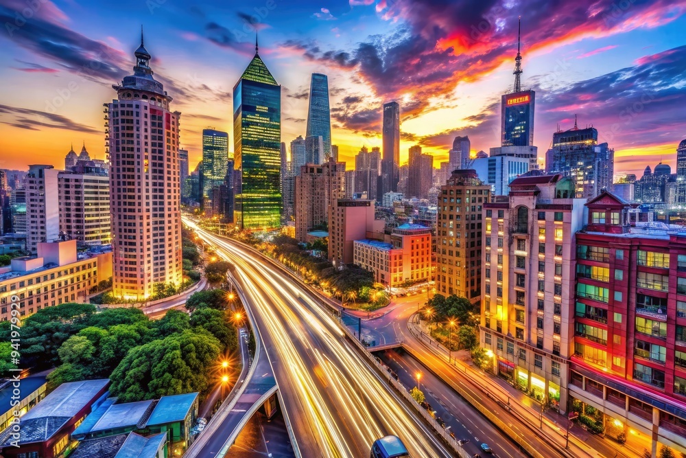Vibrant Cityscape: Rich, saturated colors, sharp focus, busy streets, urban architecture