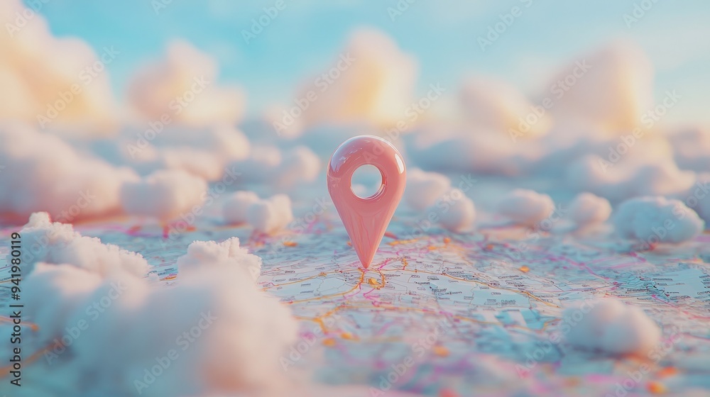 Pink 3D Location Pin Floating Among Fluffy White Clouds