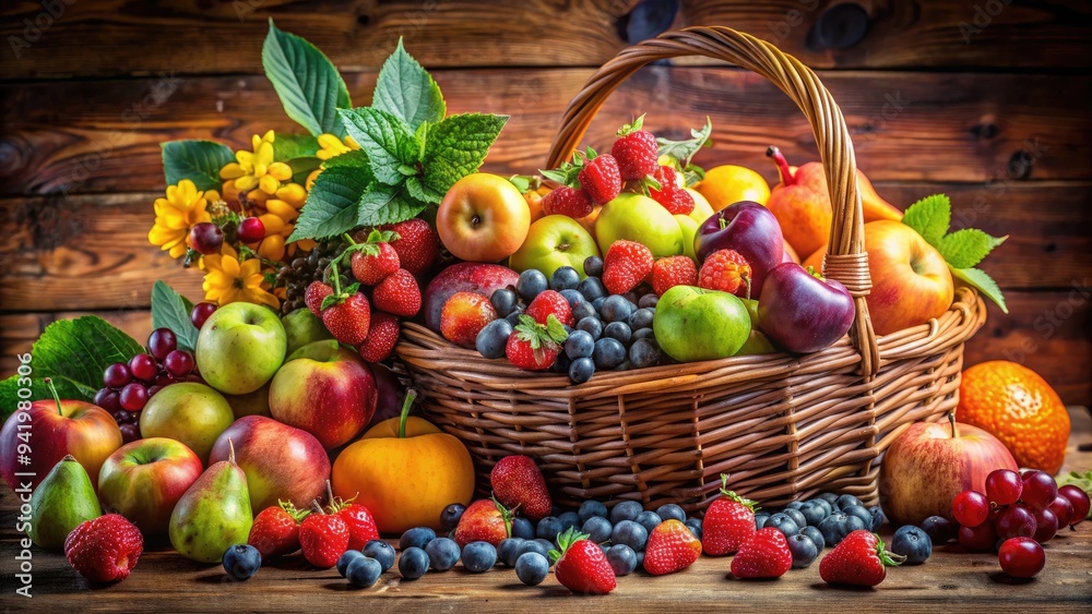 Vibrant colorful fruits overflowing from a woven basket, supported by a gentle hand, showcasing a cornucopia of nature's bounty in a warm and inviting still life. Vibrant colorful fruits overflowing from a woven basket, supported by a gentle hand, showcasing a cornucopia of nature's bounty in a warm and inviting still life.