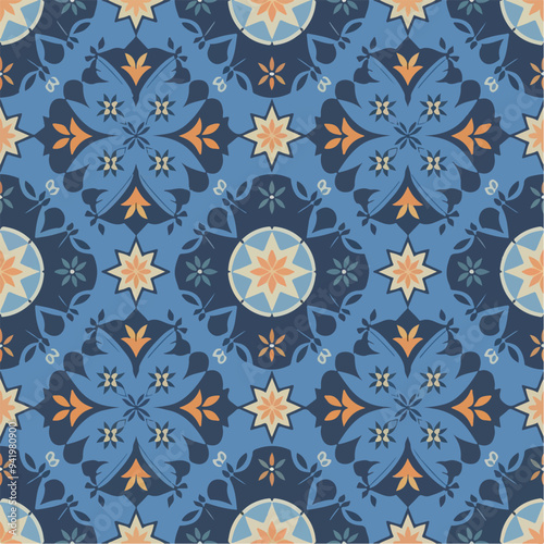 A blue and orange floral pattern in the center of the design