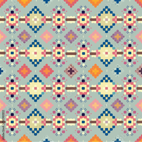 A seamless pattern with a geometrical design in blue, green, red and yellow